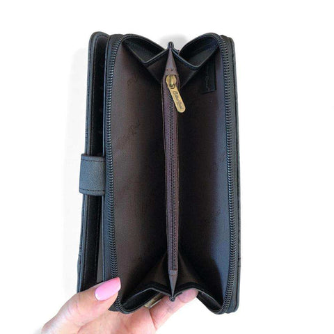Cotton Road Wallet: Large Charcoal BLACK PU Leather with EMBOSSED Print