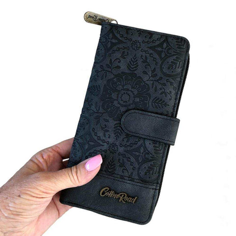 Cotton Road Wallet: Large Charcoal BLACK PU Leather with EMBOSSED Print