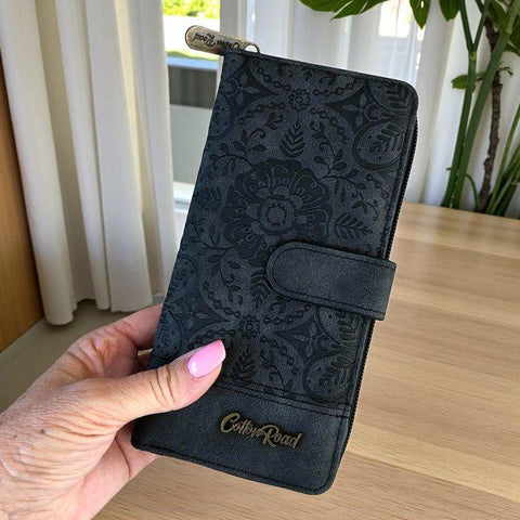 Cotton Road Wallet: Large Charcoal BLACK PU Leather with EMBOSSED Print
