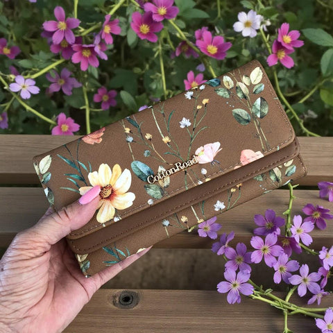Cotton Road Wallet: Large FLORAL BROWN PU Leather Wallet
