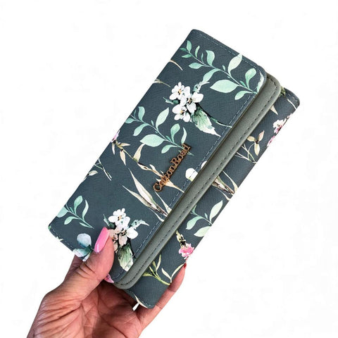 Cotton Road Wallet Large Floral Green PU leather with multiple compartments and zippered coin pouch