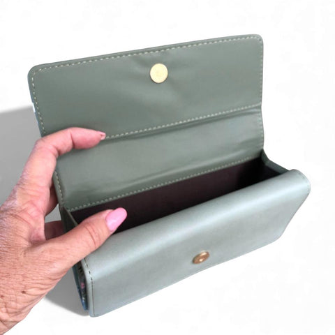 Cotton Road Wallet large floral green PU leather with multiple card slots and zippered coin pouch