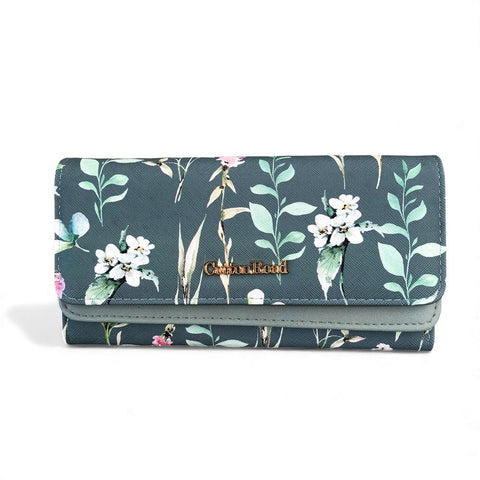 Cotton Road Wallet large floral green PU leather with multiple card slots and zippered compartments