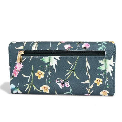Cotton Road Wallet large floral green PU leather with multiple compartments and zippered pockets
