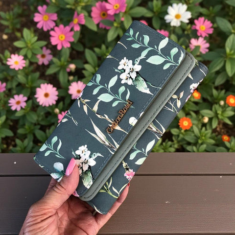 Cotton Road Wallet large floral green PU leather with multiple compartments and secure zip pockets
