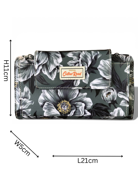 Cotton Road Wallet: Large GREEN FLORAL PVC Cellphone Sling Wallet