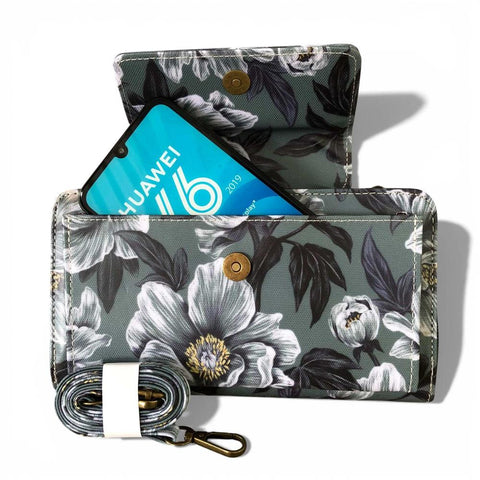 Cotton Road Wallet: Large GREEN FLORAL PVC Cellphone Sling Wallet