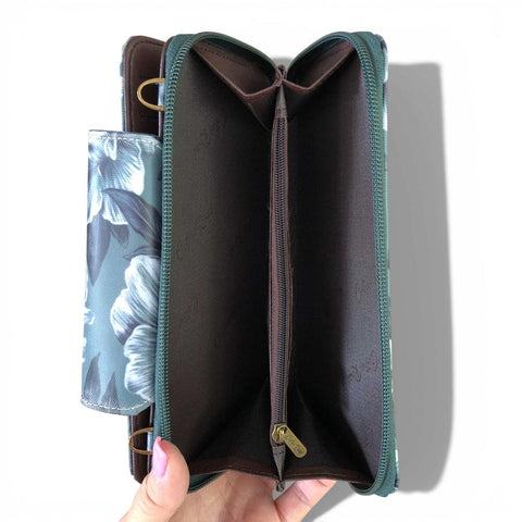 Cotton Road Wallet: Large GREEN FLORAL PVC Cellphone Sling Wallet