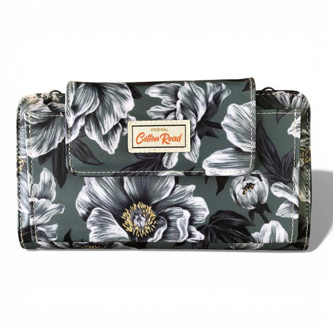 Cotton Road Wallet: Large GREEN FLORAL PVC Cellphone Sling Wallet