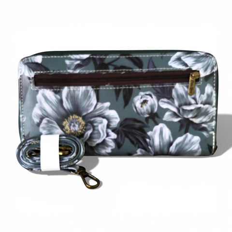 Cotton Road Wallet: Large GREEN FLORAL PVC Cellphone Sling Wallet