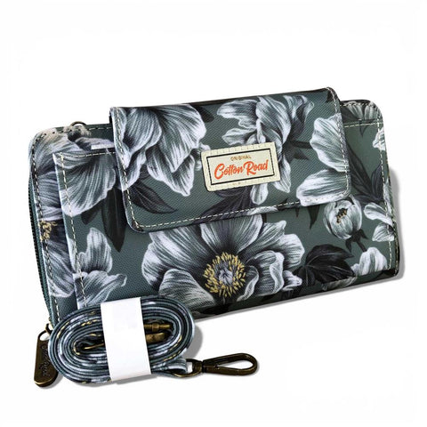 Cotton Road Wallet: Large GREEN FLORAL PVC Cellphone Sling Wallet