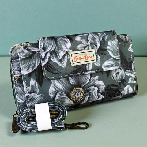 Cotton Road Wallet: Large GREEN FLORAL PVC Cellphone Sling Wallet