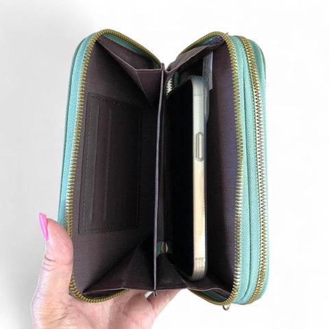 Cotton Road Wallet: Large GREEN PU Leather Cellphone Sling Wallet