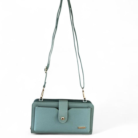 Cotton Road Wallet: Large GREEN PU Leather Cellphone Sling Wallet with PATTERNED Pocket