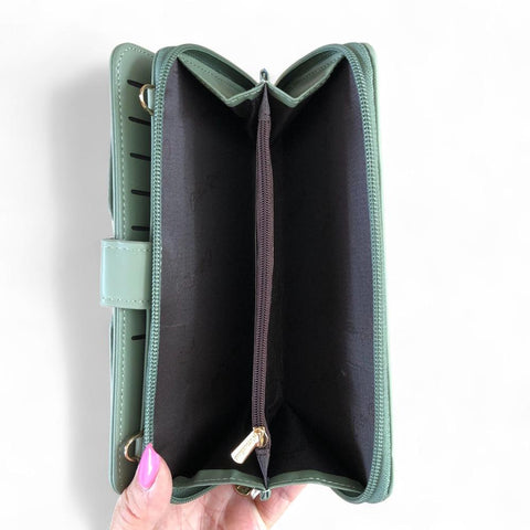 Cotton Road Wallet: Large GREEN PU Leather Cellphone Sling Wallet with PATTERNED Pocket
