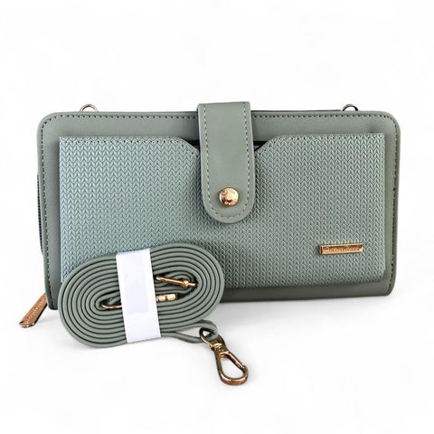 Cotton Road Wallet: Large GREEN PU Leather Cellphone Sling Wallet with PATTERNED Pocket