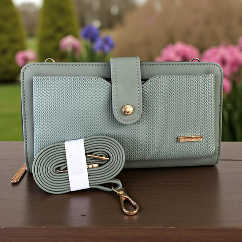 Cotton Road Wallet: Large GREEN PU Leather Cellphone Sling Wallet with PATTERNED Pocket