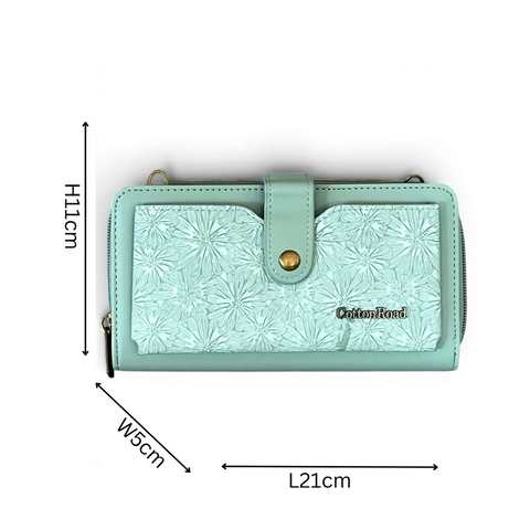 Cotton Road Wallet: Large GREEN PU Leather Cellphone Sling with FLORAL Pocket