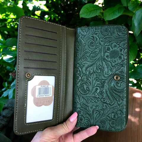 Cotton Road Wallet: Large GREEN PU Leather with EMBOSSED Pattern detailing