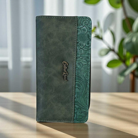 Cotton Road Wallet: Large GREEN PU Leather with EMBOSSED Pattern detailing