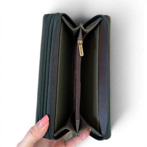 Cotton Road Wallet: Large GREEN PU Leather with PROTEA Design