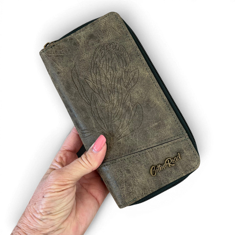 Cotton Road Wallet: Large GREEN PU Leather with PROTEA Design