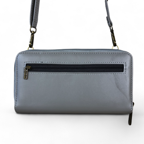 Cotton Road Wallet: Large GREY PU Leather Cellphone Sling with LACE Print