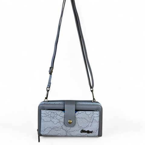 Cotton Road Wallet: Large GREY PU Leather Cellphone Sling with LACE Print