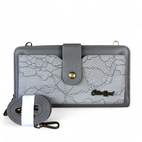 Cotton Road Wallet: Large GREY PU Leather Cellphone Sling with LACE Print