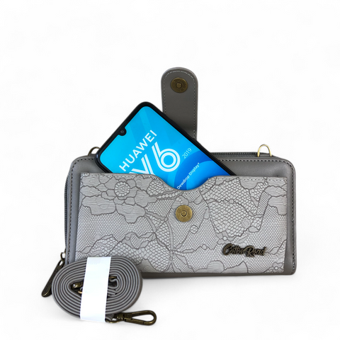 Cotton Road Wallet: Large GREY PU Leather Cellphone Sling with LACE Print