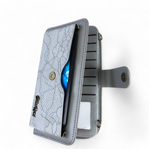 Cotton Road Wallet: Large GREY PU Leather Cellphone Sling with LACE Print