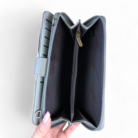 Cotton Road Wallet: Large GREY PU Leather Cellphone Sling with LACE Print