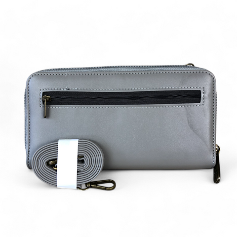 Cotton Road Wallet: Large GREY PU Leather Cellphone Sling with LACE Print
