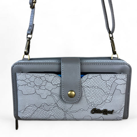 Cotton Road Wallet: Large GREY PU Leather Cellphone Sling with LACE Print