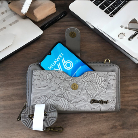 Cotton Road Wallet: Large GREY PU Leather Cellphone Sling with LACE Print