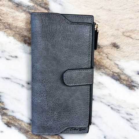 Cotton Road Wallet: Large GREY PU Leather Wallet with CLIP