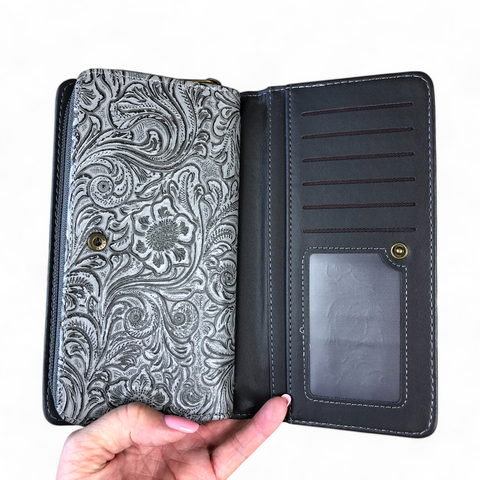 Cotton Road Wallet: Large GREY PU Leather Wallet with EMBOSSED Pattern detailing