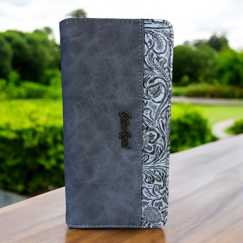 Cotton Road Wallet: Large GREY PU Leather Wallet with EMBOSSED Pattern detailing