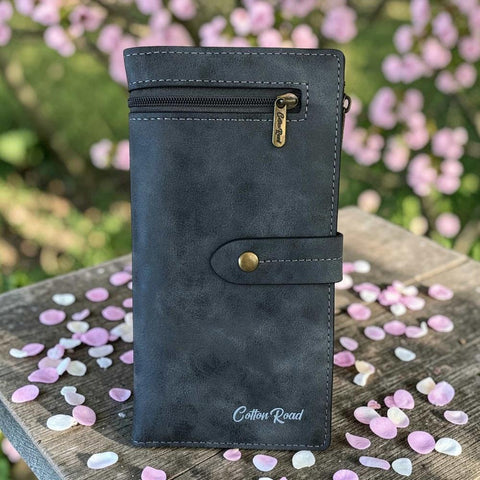 Cotton Road Wallet: Large GREY PU Leather Wallet with OUTSIDE ZIP Pocket