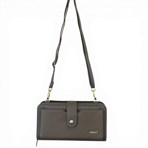Cotton Road Wallet: Large KHAKI PU Leather Cellphone Sling with PATTERNED Pocket