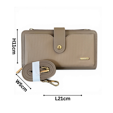 Cotton Road Wallet: Large KHAKI PU Leather Cellphone Sling with PATTERNED Pocket