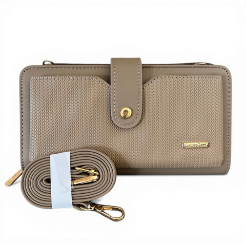 Cotton Road Wallet: Large KHAKI PU Leather Cellphone Sling with PATTERNED Pocket