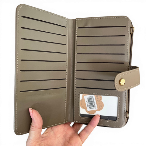 Cotton Road Wallet: Large KHAKI PU Leather Cellphone Sling with PATTERNED Pocket