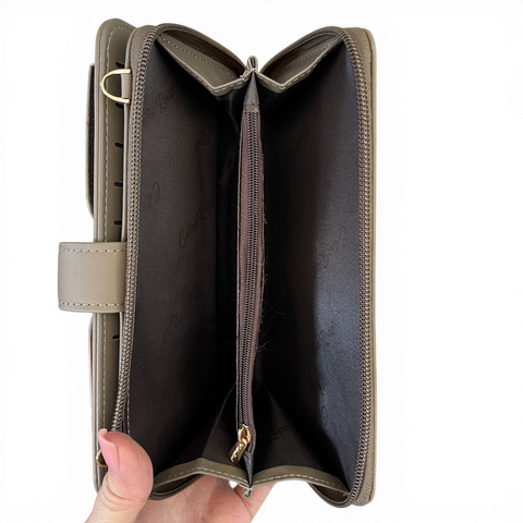 Cotton Road Wallet: Large KHAKI PU Leather Cellphone Sling with PATTERNED Pocket