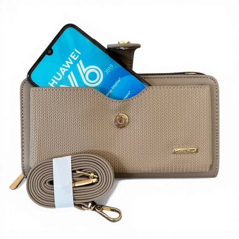 Cotton Road Wallet: Large KHAKI PU Leather Cellphone Sling with PATTERNED Pocket