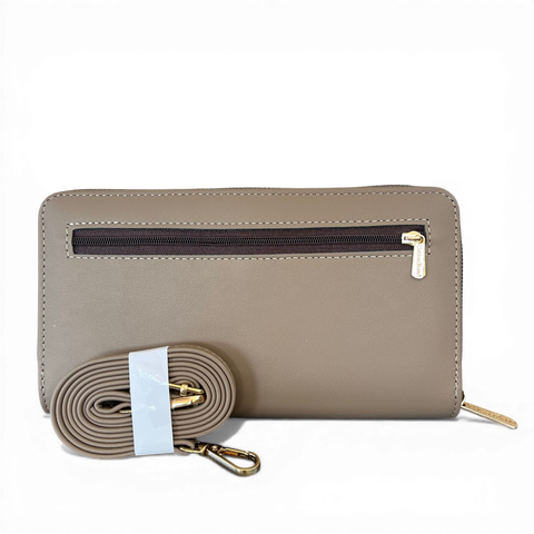 Cotton Road Wallet: Large KHAKI PU Leather Cellphone Sling with PATTERNED Pocket