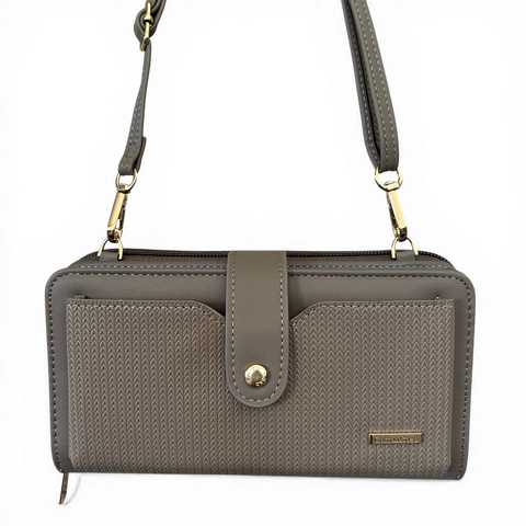 Cotton Road Wallet: Large KHAKI PU Leather Cellphone Sling with PATTERNED Pocket