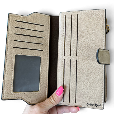 Cotton Road Wallet: Large KHAKI PU Leather Wallet with CLIP