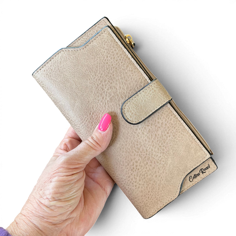 Cotton Road Wallet: Large KHAKI PU Leather Wallet with CLIP