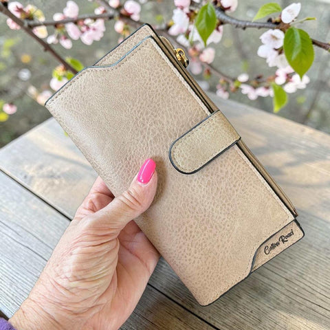 Cotton Road Wallet: Large KHAKI PU Leather Wallet with CLIP